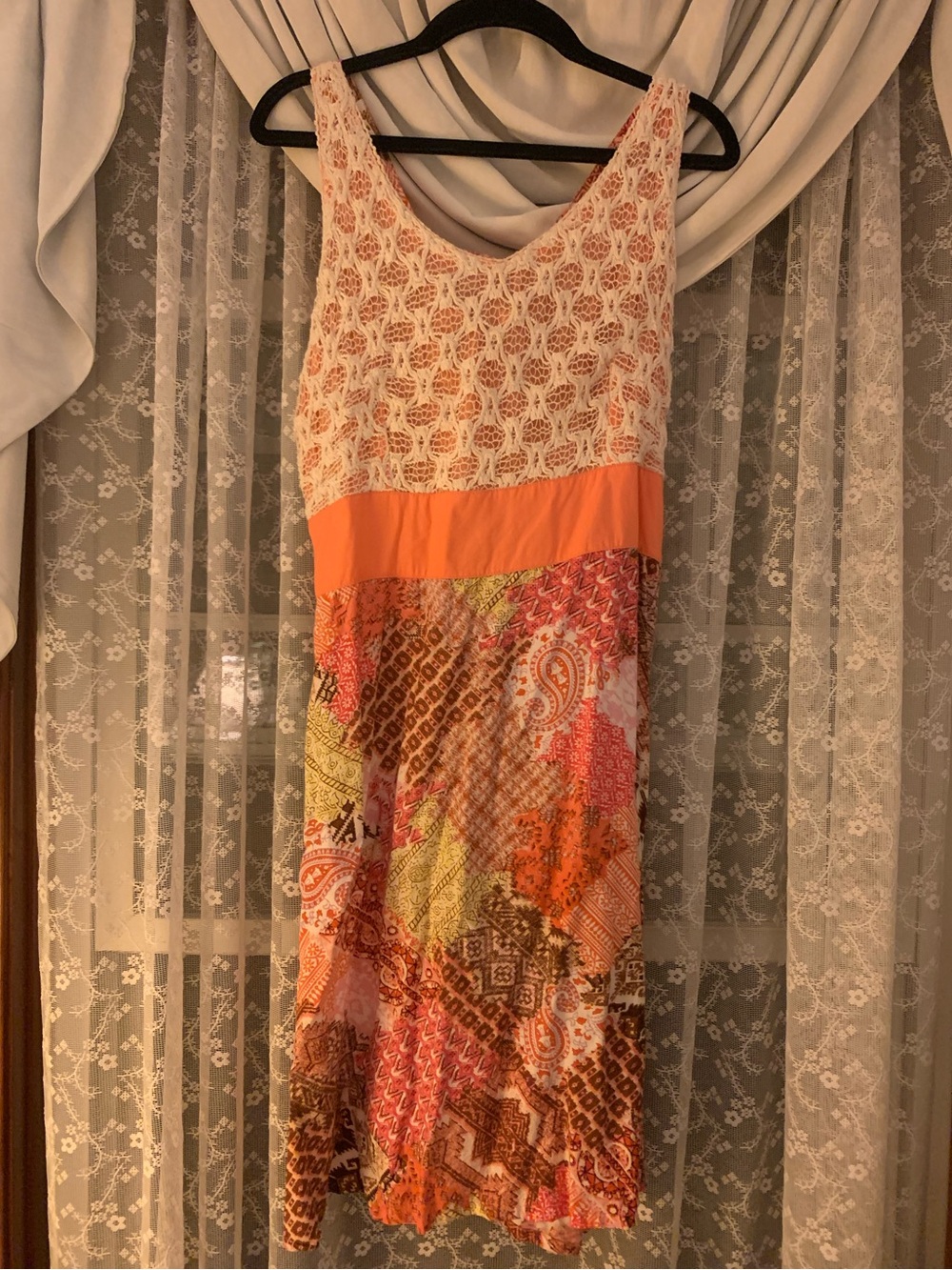 Coline Sleeveless Orange Patchwork Lace-Top Midi Dress